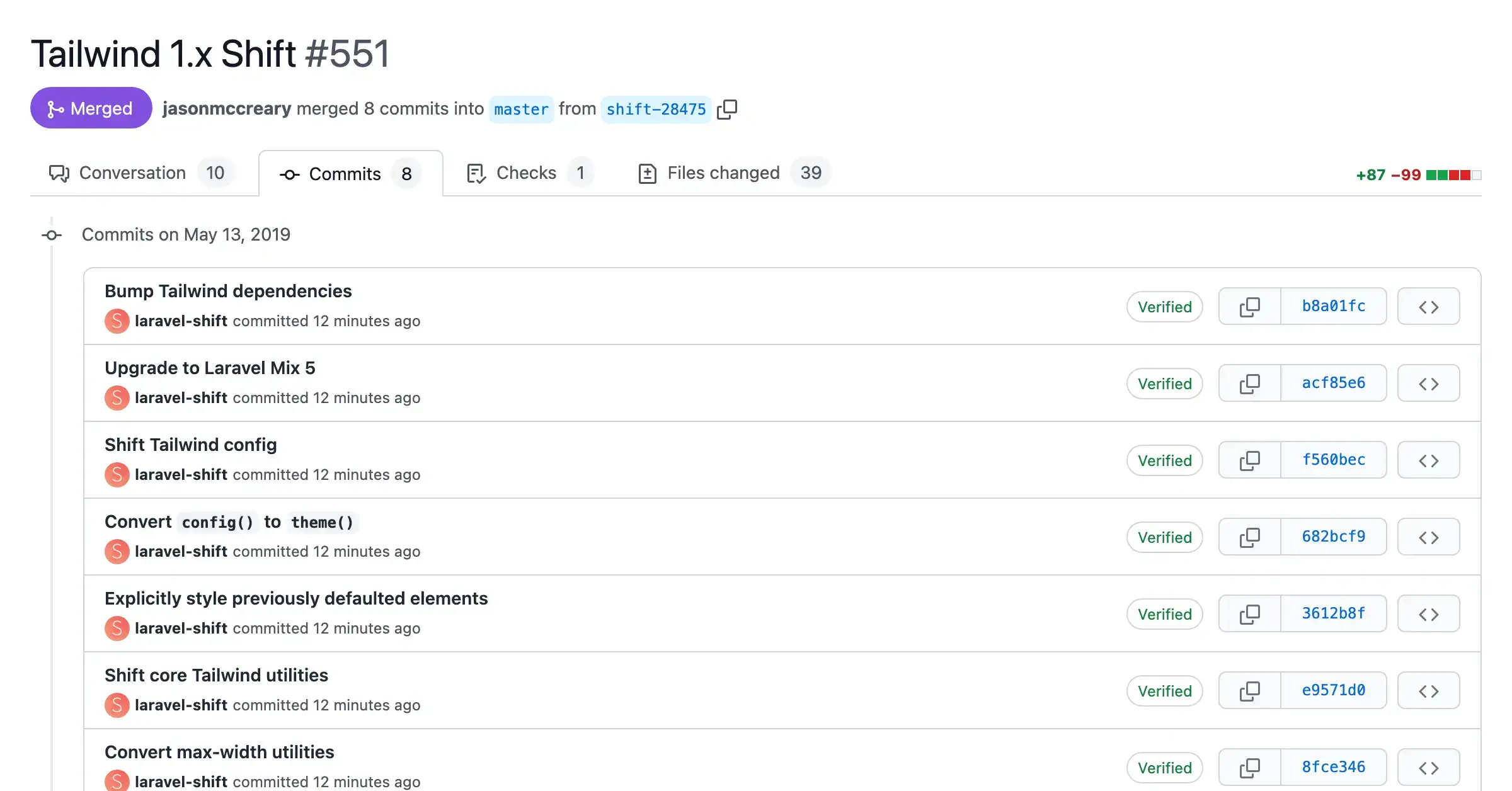 Screenshot of a pull request with automated changes from the Tailwind 1.x Shift