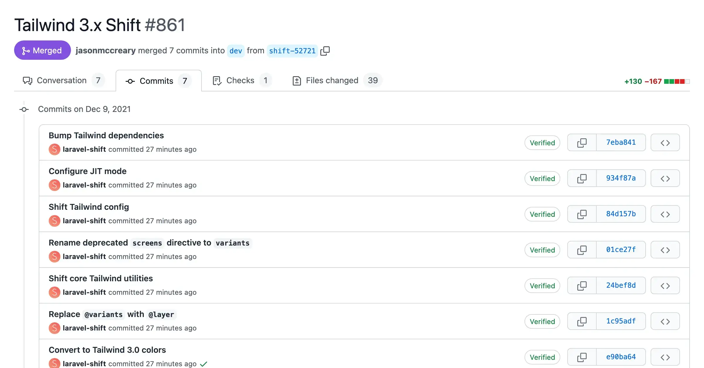 Screenshot of a pull request with automated changes from the Tailwind 3.x Shift