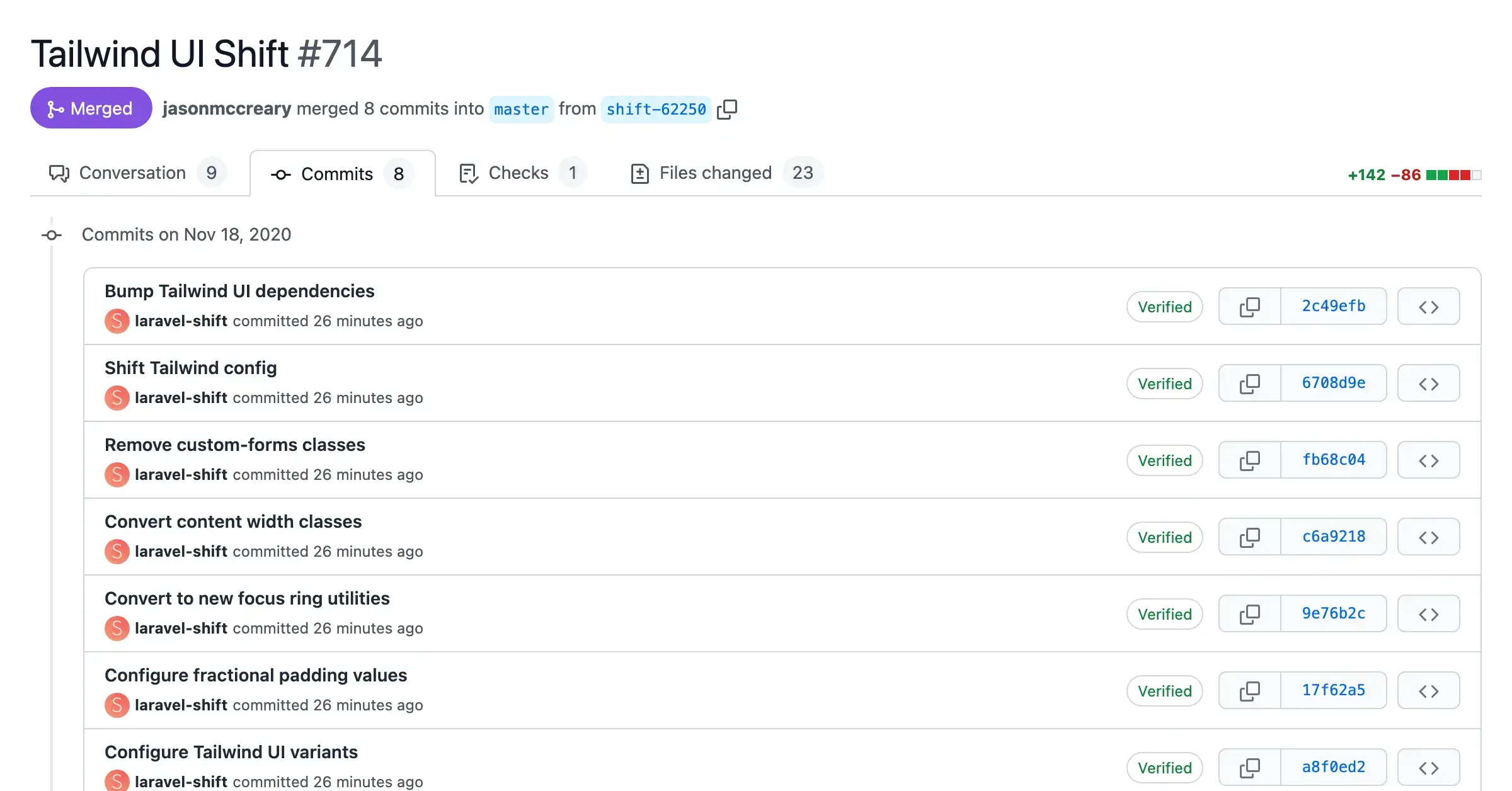 Screenshot of a pull request with automated changes from the Tailwind UI Shift